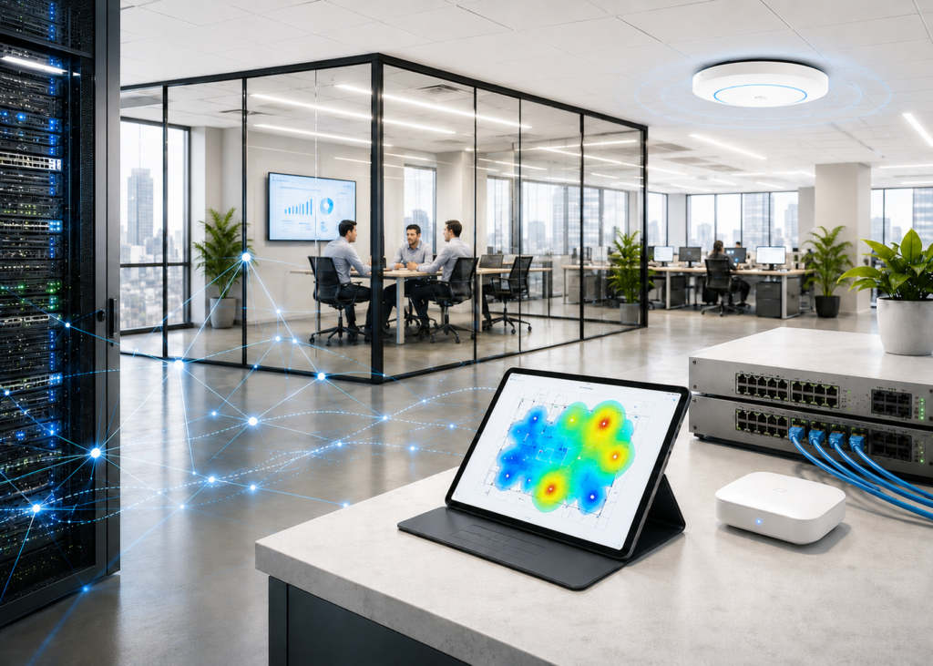 Infraestructura de red empresarial con equipos de conectividad, mapa de cobertura WiFi y entorno corporativo moderno