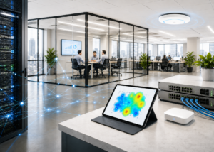 Infraestructura de red empresarial con equipos de conectividad, mapa de cobertura WiFi y entorno corporativo moderno