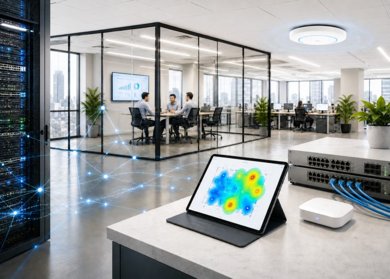 Infraestructura de red empresarial con equipos de conectividad, mapa de cobertura WiFi y entorno corporativo moderno