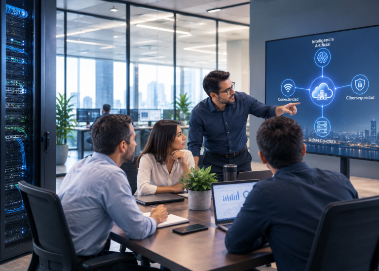 Equipo de TI monitoreando infraestructura empresarial, conectividad, inteligencia artificial y ciberseguridad en Centroamérica.